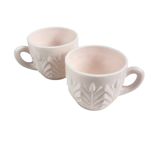 Boho White Ceramic Mugs Set of 2 Embossed Leaf Design 12oz Modern Cottage Coffee - Picture 2 of 7